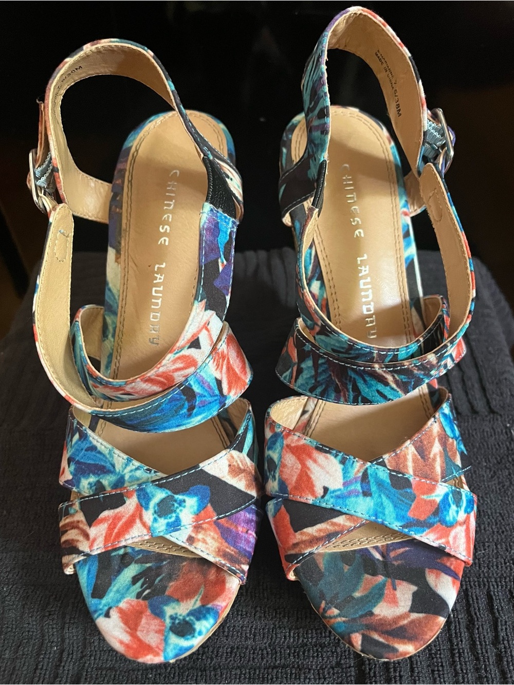 Chinese Laundry Multicolor Floral Slingback Cork Wedges
